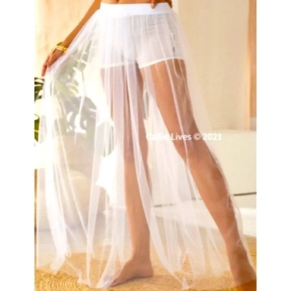Callie White Mesh: Tulle Swim Sheer CoverUp Maxi Skirt One Size - Picture 4 of 9